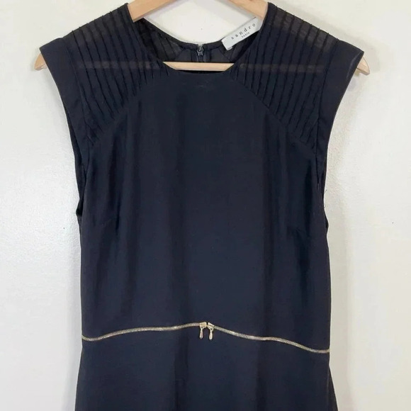 Sandro Paris Fit And Flare Gold Tone Waist Chiffon Black Dress - Picture 6 of 16